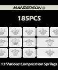 Front view of Manderson 185-piece stainless steel compression springs assortment kit, 13 sizes