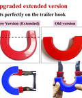 Comparison of new and old red tow hook covers for Silverado 1500 and GMC Sierra 1500, showcasing extended version compatibility.