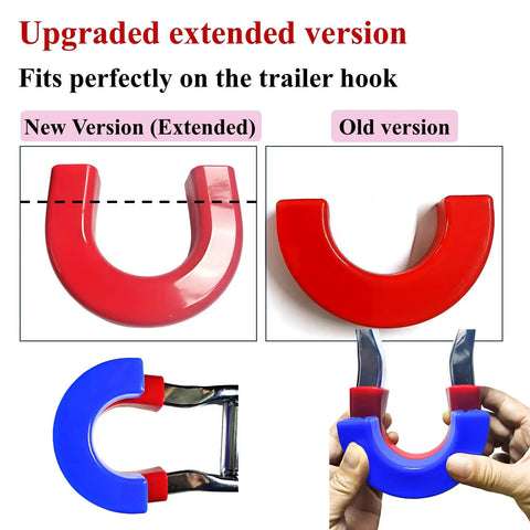Comparison of new and old red tow hook covers for Silverado 1500 and GMC Sierra 1500, showcasing extended version compatibility.