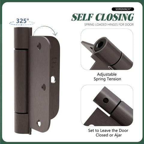 Oil Rubbed Bronze Self-Closing Door Hinge, Heavy-Duty 3.5 Inch Auto Closer With 3 1/2 Inch Spring Hinge, 5/8 Inch Radius Corner