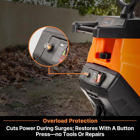 Close-up of FD1503 Electric Wood Chipper Shredder showing overload protection feature and button controls.