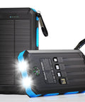 Outdoor Solar Power Bank 20,000mAh Portable Charger With USB C And 3 USB Ports 4 Included Cables Fast Charging Solar Panel Charger Dual LED Flashlight Water Resistant Camping Gear Battery Pack With Carabiner And Compass On The Go