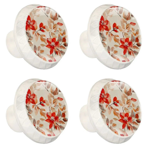 Four Pack Kitchen Cabinet Knobs With Screws For Cabinets And Dressers 35mm Summer Red Beige Flower Leaf Abstract Art Pattern Glass Face Over White ABS Backing Built Tough Easy Install Sleek Modern Look