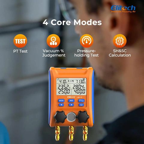 Digital HVAC Manifold Kit With Hoses And R410A Adapter, Pro Grade Pressure And Vacuum Tester For Quick Readouts, Leak Detection, And Accurate Diagnostics, Budget Friendly Tool For Technicians And DIYers. Orange digital HVAC manifold with display and brass ports
