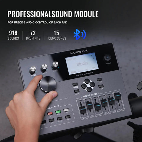 Control panel of Ace-360 Electric Drum Set With Eight Inch Pads, Three Twelve Inch Cymbals With Choke, Bluetooth Connectivity