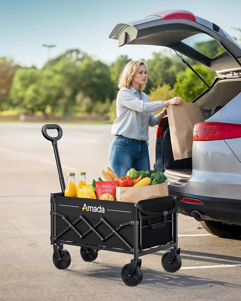 Heavy Duty Foldable Wagon Cart With 360 Lb Load Capacity, 90L Expandable Storage, 2 Cup Holders, 600D Oxford Fabric