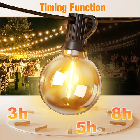 Close-up of glowing bulb on 25Ft Solar String Lights Outdoor With Remote And Timer, Waterproof G40 LED Bulbs for garden decor