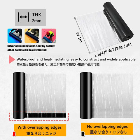 Self Adhesive Roof Sealant Tape For Camper Leaks And Concrete Cracks Featuring Sbs Modified Bitumen Waterproof Membrane Roll displayed in black, 1m wide and 2mm thick.