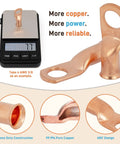Heavy Duty 2 Gauge To Five Sixteenth Inch Copper Lug Ring Terminals Kit With Ten Connectors And Red Black Dual Wall Heat Shrink Tubing For Battery Cables Premium Annealed Electrolytic Copper Lugs, 4 AWG 3/8 shown
