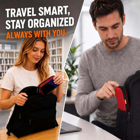 Badass Small Hard Shell Eva Zipper Case For Electronic Accessories Red Compact Travel Organizer Bag in use while packing.