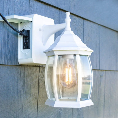 Victoria Collection 1-Light Traditional Outdoor Wall Sconce with Seeded Glass and Dual Built-In GFCI Outlets White Finish