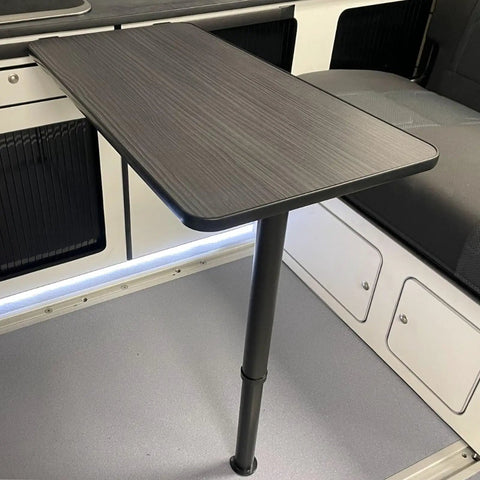 Game Changer Heavy Duty Telescoping Table Slider Leg With Slick Height Adjustments For RVS Campers Boats And Trailers, black adjustable table in compact space.