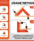 Image showing the 90 Degree Corner Clamp Set For Woodworking Right Angle Tool Clamps For Cabinets Drawers Frames Shelves at 45° and 90° angles.