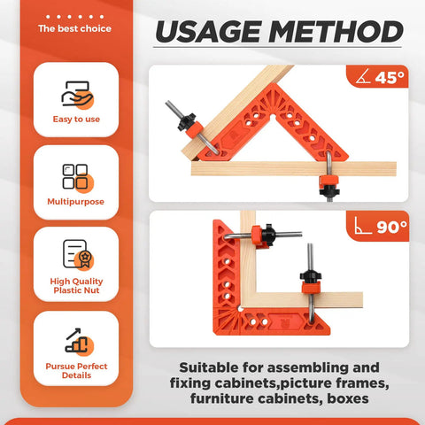 Image showing the 90 Degree Corner Clamp Set For Woodworking Right Angle Tool Clamps For Cabinets Drawers Frames Shelves at 45° and 90° angles.