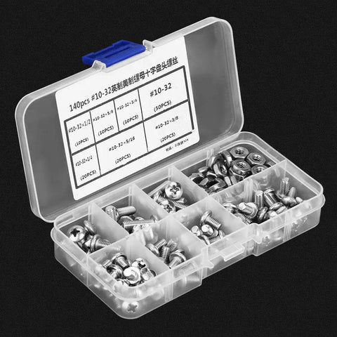 Durable 140 Piece Pan Head Screw Set In Clear Box 304 Stainless Steel Hardware Kit For DIY Projects Home Repairs And Everyday Fixes Transparent Organizer For Easy Grab And Go Access with divided compartments and varied screw sizes.