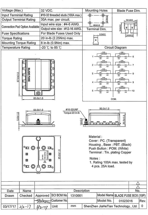 10 Way RV Blade Fuse Block With Bright LED Indicator DC Junction Box Supplying 100 Amp Kickass Protection Cover, technical specifications diagram