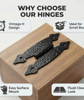 12 Pack Antique Black H Shape Cabinet Hinges 3.5 Inch For Vintage Furniture Restoration And DIY Wood Projects Decorative Hardware With Durable Metal Construction displayed on wood box