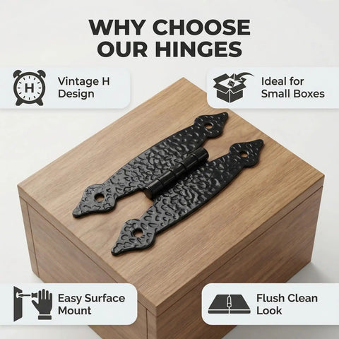 12 Pack Antique Black H Shape Cabinet Hinges 3.5 Inch For Vintage Furniture Restoration And DIY Wood Projects Decorative Hardware With Durable Metal Construction displayed on wood box