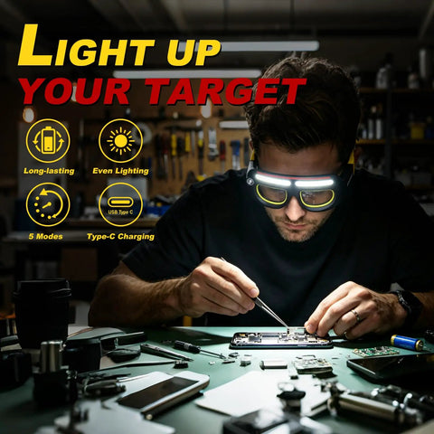 Rugged Job Site Ready Hands Free Glow Up Led Safety Glasses With Five Bright Adjustment Light Modes For Mechanics Weekend Warriors And Night Shift Work No Fuss Illumination Gear You Can Trust worn by a person repairing electronics in a workshop.