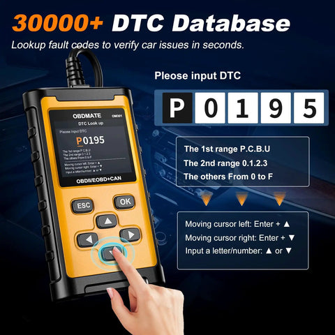 OBDII Diagnostic Tool That Reads And Clears Check Engine Codes With Wireless Printing And Live Data Graphs Battery Voltage Test Upgraded Universal Car Code Reader For 1996 And Newer Cars 99 Percent Vehicle Compatibility For Safer Smarter Car Care showing 30000 DTC database screen.