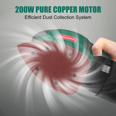 Compact Electric Detail Sander With 14,000 OPM, Includes 12 Sheets Of Sandpaper, Efficient Dust Collection System displayed in use