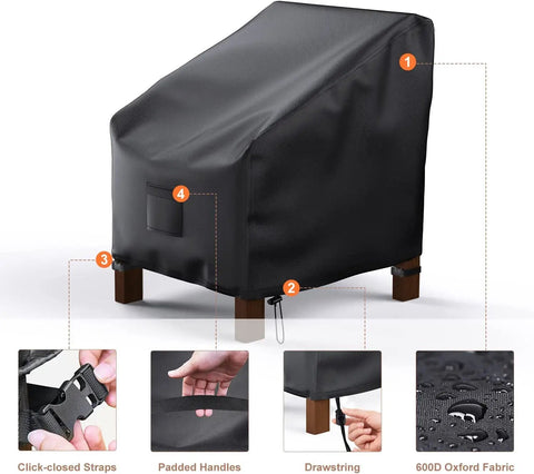 Waterproof Patio Chair Covers 29W x 30D x 36H 2 Pack Heavy Duty Outdoor Lounge Chair Covers Protect Patio Furniture From Sun Rain Snow Dust And Dirt All Season Weatherproof And Ruggedly Durable showing features like straps, handles, drawstring, and waterproof fabric.