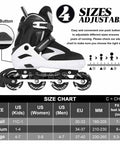 Adjustable Inline Skates For Teens And Adults With Light Up Wheels No Batteries Needed Easy Grow Fit From Women US 5 To 8 And Men 4 To 7 Size Chart