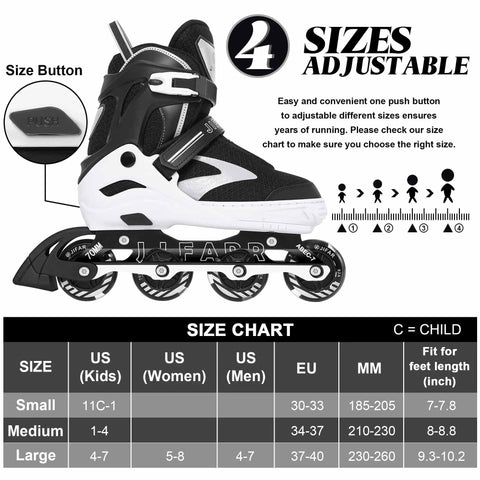 Adjustable Inline Skates For Teens And Adults With Light Up Wheels No Batteries Needed Easy Grow Fit From Women US 5 To 8 And Men 4 To 7 Size Chart
