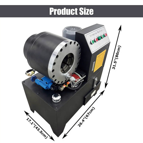 Rugged Electric Hydraulic Hose Crimping Machine With Ten Interchangeable Dies And Badass 3600 KN Crushing Force For No Sweat Rubber Tube Fixes On Any Workbench Today size dimensions shown 31.5 inches tall, 26.4 inches wide, 17.1 inches deep.