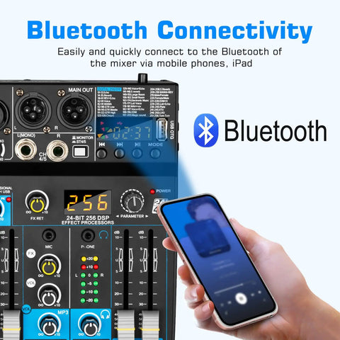 Bluetooth connectivity on Five Channel DJ Mixer With 256 DSP Effects And USB Bluetooth MP3 Playback, 48V Phantom Power, LED Display