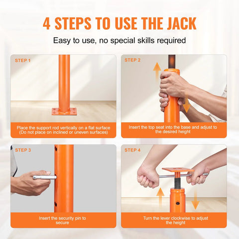 VEVOR orange house floor jack with steel telescoping post and base plate; height 53–93 in, 18000 lb capacity