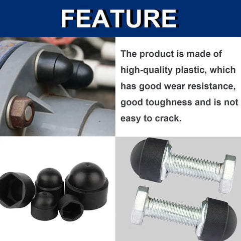 Top Notch Assorted 150 Piece Screw Cap Kit M4 To M12 Sizes showing plastic bolt caps, nuts, and bolts for outdoor use.