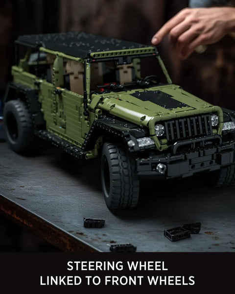 Close-up of 4x4 Off Road Car Building Kit For Adults With Open Roof And Doors, realistic suspension, steering wheel linked.