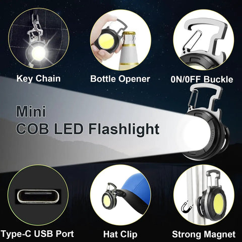 2 Pack 1000 Lumen EDC Keychain Flashlight With COB Work Light And Bottle Opener Magnetic Bracket Folding Pocket Light diagram