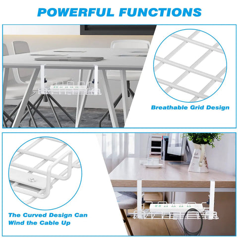 Under Desk Cable Tray Organizer With Clamp On Mount White Mesh Cable Management Tray For Desk 15.75 Inch Long By 6.3 Inch Wide Keeps Cords Neat Accessible Sturdy Steel Construction 1 Count showcasing breathable grid and cable winding features.
