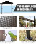 Close-up details of a 5x8 Grill Gazebo With Extra Shade Awning Party Ready Vibe All Weather Steel Frame featuring sturdy shelves, tool hooks, bottle opener, and ground plate.