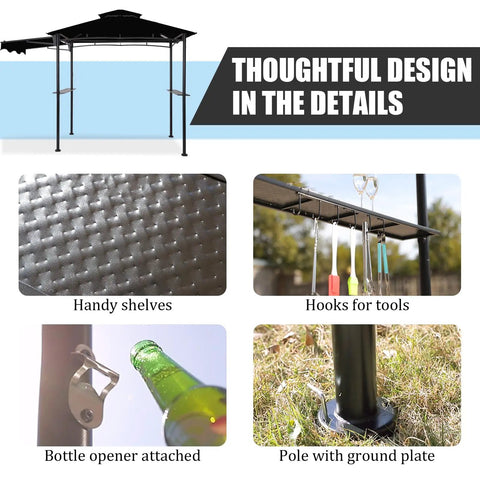 Close-up details of a 5x8 Grill Gazebo With Extra Shade Awning Party Ready Vibe All Weather Steel Frame featuring sturdy shelves, tool hooks, bottle opener, and ground plate.