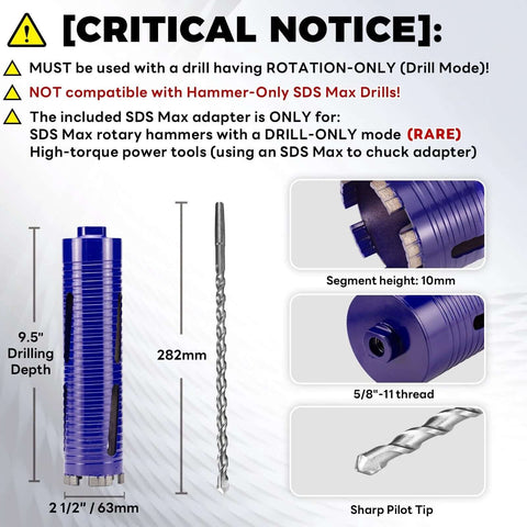 DaduoRi 2-1/2" Pro Dry Core Drill Bit with Pilot Bit and 3 Adapters, SDS Plus/Max/1/2 Hex, 9.5" depth, 63mm diameter