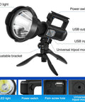Go To Beast Mode 100000 Lumen Spotlight Flashlight With Tripod IPX5 Waterproof handheld search light with features labeled.