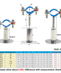 Front view of Kodilin 4-pack 304 stainless steel wall/ceiling pipe mounting clamps for 3/4 in OD pipe; adjustable height