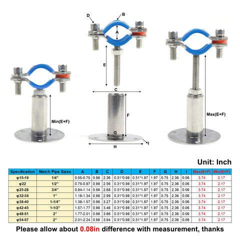 Front view of Kodilin 4-pack 304 stainless steel wall/ceiling pipe mounting clamps for 3/4 in OD pipe; adjustable height