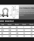Diagram and size chart of 316 Stainless Steel D Ring Shackles Marine Grade Heavy Duty Clevis Anchor Shackle Kit With Screw Pin One Quarter Inch And Five Sixteenth Inch