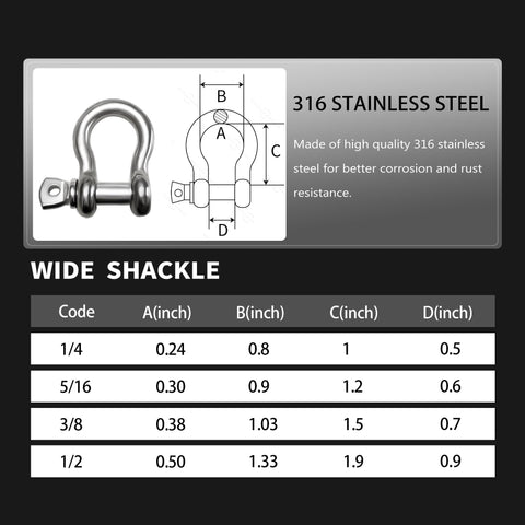 Diagram and size chart of 316 Stainless Steel D Ring Shackles Marine Grade Heavy Duty Clevis Anchor Shackle Kit With Screw Pin One Quarter Inch And Five Sixteenth Inch