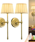 Slick Cordless Wall Sconces Set Of Two Packing All Day 10000 Mah Battery Life And Rgb Color Shift Lighting gold fabric lamps on wall.