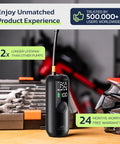 Cordless Bike Pump And Portable Air Compressor With Digital Pressure Gauge 150 PSI Car Tire Inflator on workbench