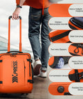 Underseat Carry On Luggage With Handle 17 Inch Travel Duffle Bag For Men And Women Orange Lightweight Durable Airplane Bag Big Capacity With Rugged Zippers, shown with user pulling handle next to airport, details highlighted
