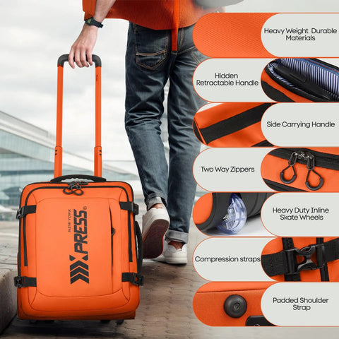 Underseat Carry On Luggage With Handle 17 Inch Travel Duffle Bag For Men And Women Orange Lightweight Durable Airplane Bag Big Capacity With Rugged Zippers, shown with user pulling handle next to airport, details highlighted