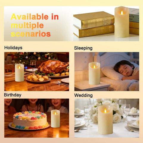 Rechargeable Flameless Candles 3 Pack With Extra Bright Ivory LED Pillars in holiday, sleeping, birthday, wedding settings