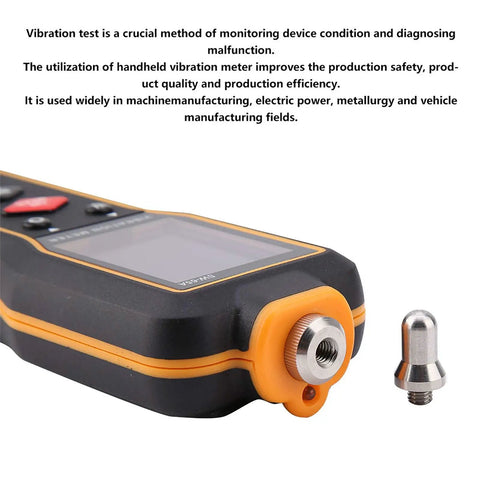Handheld Vibration Meter Digital Vibe Meter Tester For Machinery Diagnostics And Fault Diagnosis Portable Sensor Analyzer For Maintenance Pro Grade Quality Control And Condition Monitoring black and orange with metal sensor tip