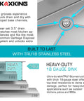Infographic highlighting features of the 33x22 Drop In Kitchen Sink With 18 Gauge T304 Stainless Steel Top Mount Single Bowl 9 Inch Deep Basin.